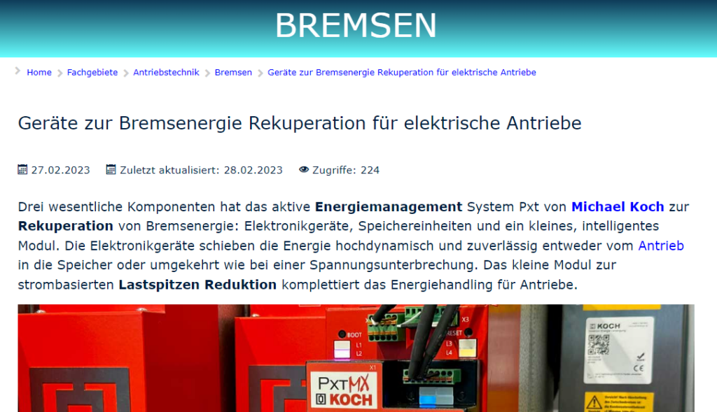 Neuigkeit von KOCH - Pressemitteilung zum Thema "Geräte zur Bremsenergie Rekuperation"