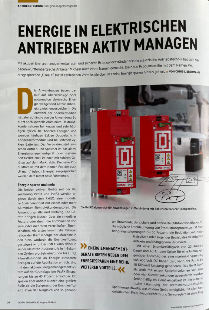 Neuigkeit von KOCH - Ausschnitt Zeitschrift mit dem Beitrag der Michael Koch GmbH mit dem Titel "Energie in elektrischen Antrieben aktiv managen"